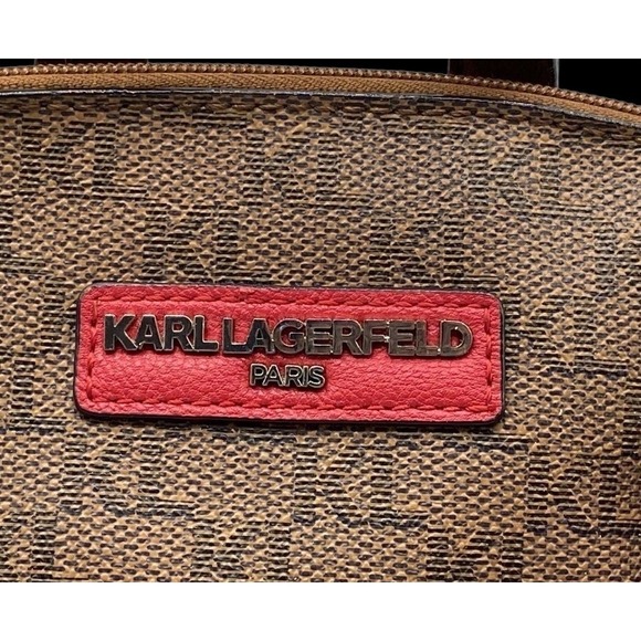 Karl Lagerfeld Paris Monogram Backpack Brown Red Leather Accents - Picture 3 of 7